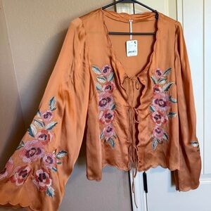 Free People Orange Floral Embroidered Blouse